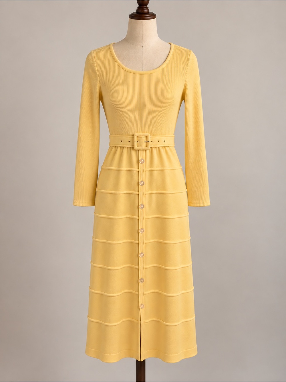 Vintage 70s Serbin Muriel Ryan Butter Yellow Knit Maxi Dress Belted